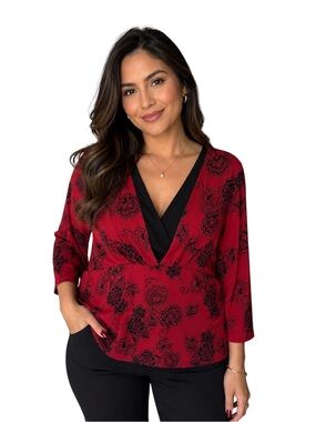 Investments Red and Black Floral V-Neck Women's Top